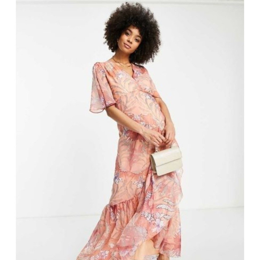 Hope & Ivy Maternity Wrap Maxi Tea Dress Peach Floral Boho Ruffle Hem Womens 16